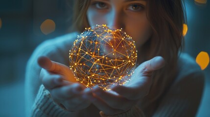 Aufkleber - A woman holds a representation of global internet connectivity, showcasing business applications in digital marketing and the significance of data in todays financial lan