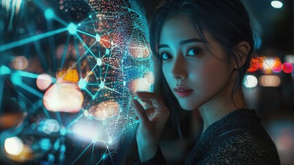 Aufkleber - A woman holds a representation of global internet connectivity, showcasing business applications in digital marketing and the significance of data in todays financial lan