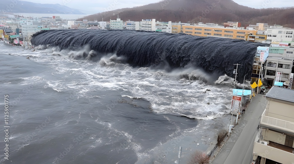 Devastating Tsunami Sweeping Through Coastal Towns Rapidly Rising Water ...