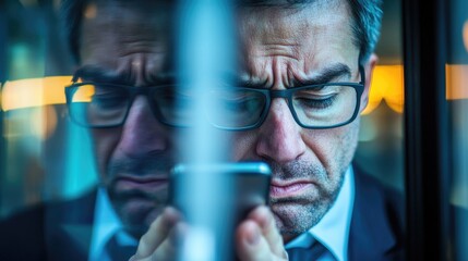 Aufkleber - An unhappy businessman is reflected on a smartphone screen, conveying dissatisfaction with poor service, represented by low ratings and negative reviews.
