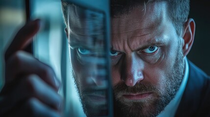Aufkleber - An unhappy businessman is reflected on a smartphone screen, conveying dissatisfaction with poor service, represented by low ratings and negative reviews.