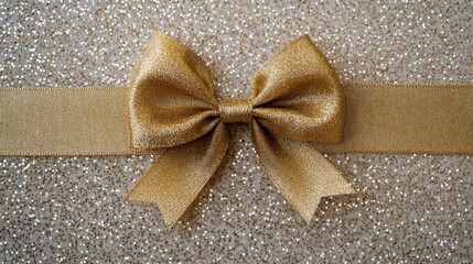 Leinwandbilder - A golden ribbon in a perfect bow on a sparkling surface creates a festive New Year vibe, leaving room for your message. Generative AI