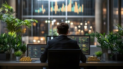 Poster - Professional trader analyzing financial data and market trends in a modern office with monitors displaying stock graphs and gold bars as symbols of wealth.