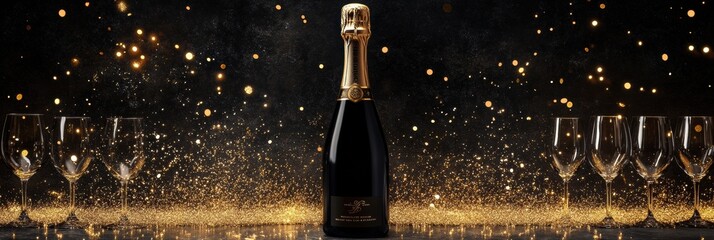 Poster - A champagne bottle erupts with festive energy, surrounded by elegant glasses, creating a joyful atmosphere perfect for celebration. Generative AI