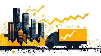 Aufkleber - A stylized illustration of a truck transporting goods, with urban skyscrapers and upward trends represented by arrows in vibrant colors