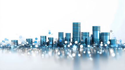 Poster - A modern, abstract city skyline design featuring blue cylindrical shapes and bokeh lights, creating a futuristic and digital atmosphere