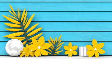 Aufkleber - A vibrant composition featuring yellow flowers and green leaves against a bright blue wooden backdrop, creating a lively and cheerful atmosphere