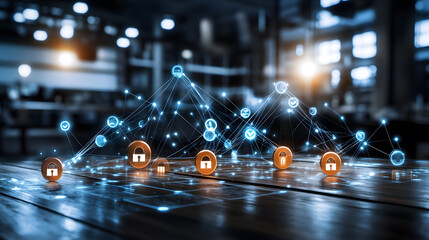 Poster - A digital representation of interconnected data, showcasing cryptocurrency coins and network elements, symbolizing blockchain technology and finance