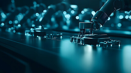 Poster - A close-up of a robotic arm interacting with mechanical components in a futuristic, high-tech environment, emphasizing automation and precision