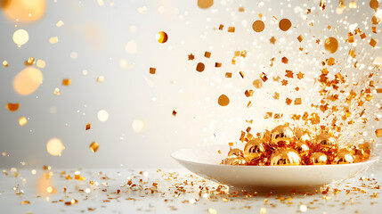 Poster - A festive scene capturing golden confetti and decorations exploding from a plate, creating a celebratory atmosphere