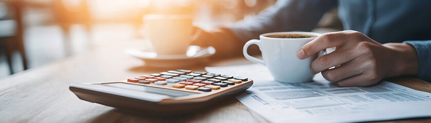 Poster - A close-up shot of hands holding a calculator and a financial newspaper, symbolizing the role of financial literacy in guiding personal investment strategies. The background shows a soft blur of a