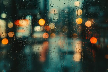 Leinwandbilder - Raindrops cling to a window, blurring the view of a deserted street illuminated by soft city lights in the evening. Generative AI