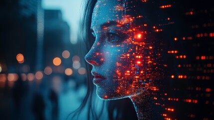 Fototapete - Ethereal Portrait of a Woman Merging with Technology, Showcasing a Fusion of Digital Patterns and Soft Light in a Futuristic Urban Environment