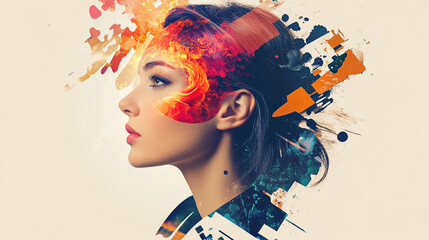Poster - Creative portrait of a woman with vibrant abstract elements highlighting her profile