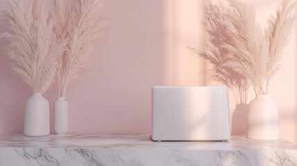 Poster - Modern kitchen decor featuring white toaster and pampas grass in soft pink setting