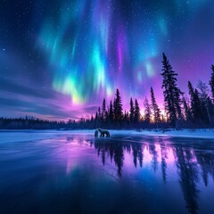 Wall Mural - Arctic Bears Under Aurora Borealis Night Sky