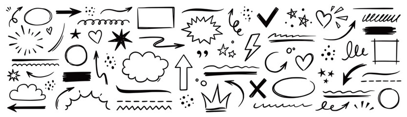 Aufkleber - Line hand drawn marker arrow, heart, text highlight brush shape element set. Hand drawn sketch marker underline shape, arrow, star scribble brush pen stroke element. Vector illustration.