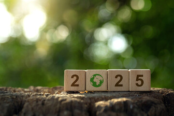 The 2025 new year number on the wooden cube with a green background represents environmental protection, achieving business goals, and success. saving the environment and environmental sustainability