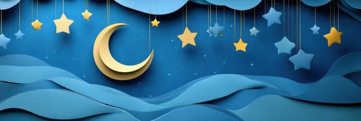 Poster - A charming holiday night captures a delicately crafted moon and stars suspended in a serene blue background, inviting a whimsical atmosphere. Generative AI