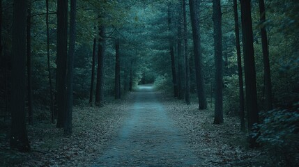 Aufkleber - A tranquil pathway winds through a dense forest, inviting exploration and providing a perfect blank space for adding custom text. Generative AI