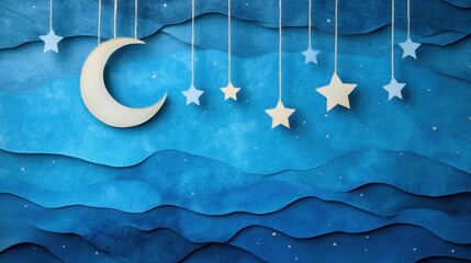Poster - Crafted moon and stars dangle from strings over textured blue layers, creating a magical holiday atmosphere perfect for text placement. Generative AI