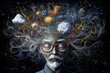 © Bonya Sharp Claw - A man with a big head and glasses is depicted in a painting. The painting is full of various shapes and colors, including a large brain. The man is in a relaxed state