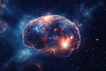 Poster - A vibrant cosmic brain formed by stars and galaxies shines brightly against a deep space background, inviting imagination and exploration. Generative AI