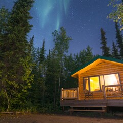 Wall Mural - Northern Lights Cabin Getaway Under Starry Sky