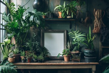 Wall Mural - Blank frame mockup surrounded by lush greenery in a rustic indoor garden setting.