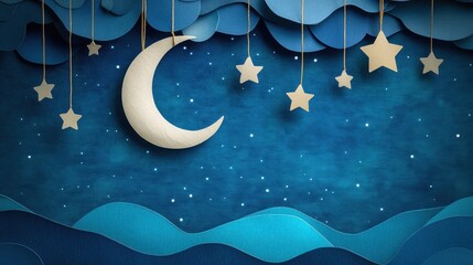 Poster - A whimsical night display featuring a crafted moon and stars hanging from strings above layered blue textures, perfect for celebrations. Generative AI