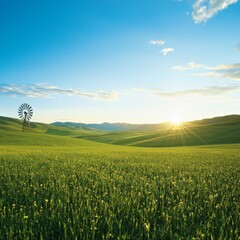 Wall Mural - Rolling Hills Sunset with Windmill and Wheat Field