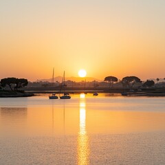 Wall Mural - Serene Sunrise Over Calm Bay with Sailboats