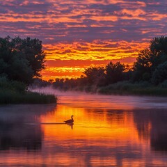 Wall Mural - Serene Sunrise River Goose Reflection