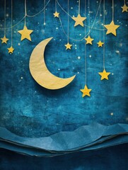 Poster - A whimsical holiday atmosphere features a paper-crafted moon and stars gently hanging from strings above textured blue layers, inviting imagination. Generative AI