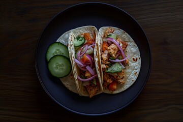 Sticker - Two delicious chicken tacos with fresh cucumber, red onion, and tomato salsa on a dark plate.