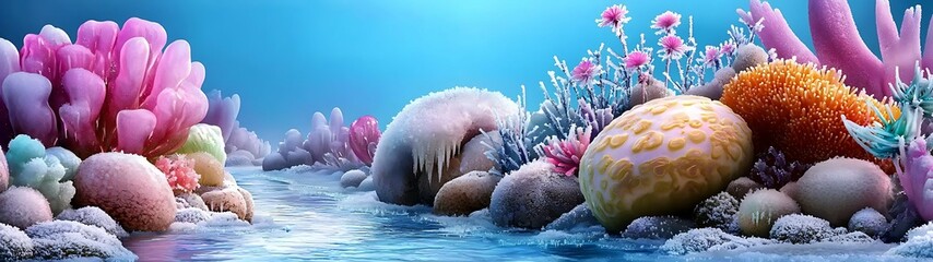 Wall Mural - a vibrant underwater scene featuring colorful corals, rocks, and gentle waves, creating a serene mar