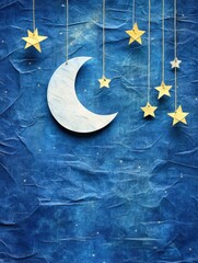 Aufkleber - Enjoy a serene night with a paper-crafted moon and stars hanging above textured blue layers, perfect for holiday inspirations and creativity. Generative AI