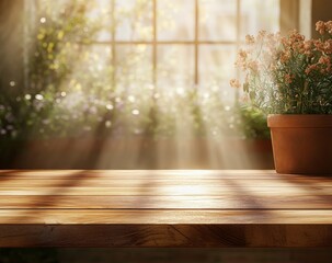 Sunny wooden table near window with flowers.