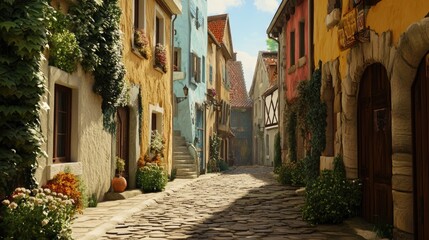 Naklejka na meble Charming cobblestone street in a quaint European village, sunlight illuminates colorful buildings and lush greenery.