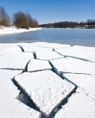 Wall Mural - cracked ice forms geometric patterns on a frozen lake, surrounded by a clear blue sky and distant tr