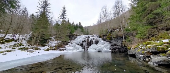 Wall Mural - frozen waterfall with snow-covered banks and evergreen trees surrounding a serene, reflective river 