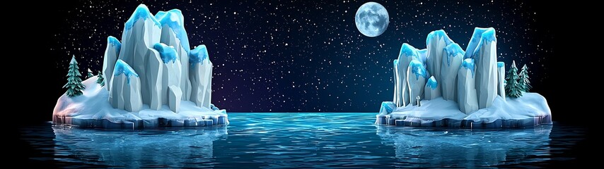 Wall Mural - A serene nighttime scene of icy islands under a starry sky, illuminated by a bright moon reflecting on calm waters. wall pictures winter time