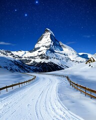 Wall Mural - A majestic mountain peak rises against a starry night sky, surrounded by snow-covered landscapes and winding paths. wall pictures winter time