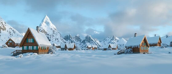 Wall Mural - Snow-covered village nestled among mountains under a cloudy sky, featuring traditional wooden houses and serene winter landscape. wall pictures winter time