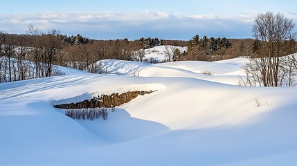 Wall Mural - serene winter landscape covered in fresh snow, showcasing gentle hills and a clear blue sky. wall pi