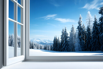 Snowy landscape viewed through a window.