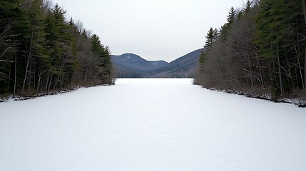 Wall Mural - frozen lake surrounded by snow-covered trees and mountains under a cloudy sky, creating a serene win