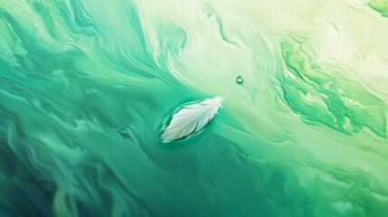 38.Close-up minimalist illustration of a feather floating on softly colored green and blue water; a single water droplet on the feather tip captures light, enhancing the soft textures and dynamic