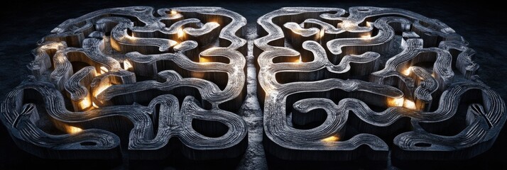 Fototapete - This artwork features a detailed labyrinth shaped like a human brain, with glowing pathways guiding exploration and imaginative thought. Generative AI