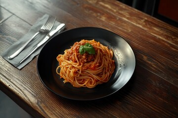 Sticker - Delicious spaghetti bolognese served on a black plate with cutlery on a rustic wooden table.